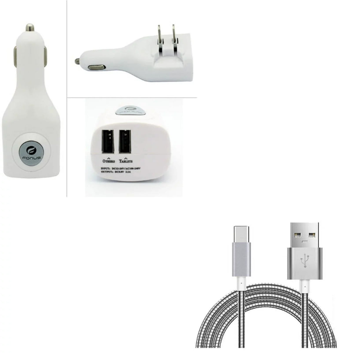 3ft Metal USB Cable w 2-Port USB Car Home Charger W6G for Midnight KEYone, Key2 LE - BLU G9, Vivo XI Plus 5 - CAT S48c S61 - Coolpad Legacy - Essential Phone (PH-1) - Google Pixel XL 3a XL 3
