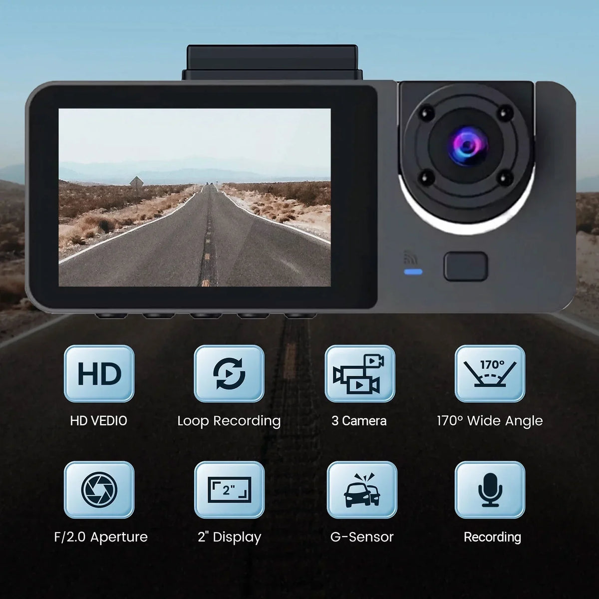 Hanru 1080P 3 Channel Front Rear Inside Dash Cam, Dash Camera, DVR Backup Cam for Cars, Three Way Triple Car Driving Recorder, 170°, Night Vision, Loop Recording, G-Sensor, Parking Monitor, WDR