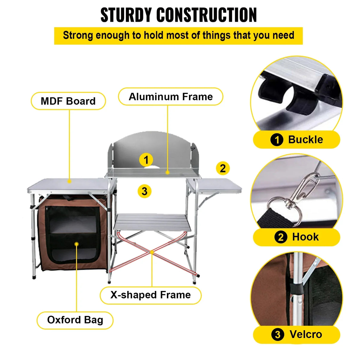 SKYSHALO Portable Folding Cook Table for BBQ, Party, Camping, Brown Color, Outdoor Camp Table 2-Tier, Camping Kitchen Table with Zippered Bag