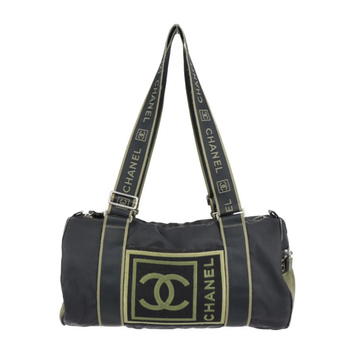 Pre-Owned CHANEL Chanel Sport Line Boston Bag Nylon Canvas Midnight Khaki Green Shoulder Travel Cocomark 10 Series Round Cylindrical (Fair)