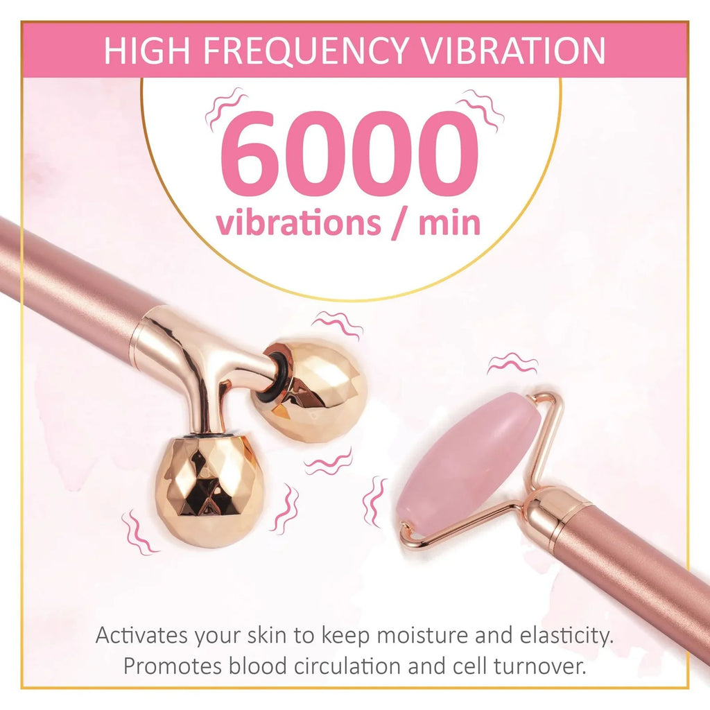 4 in 1 Electric Vibrating Facial Roller & Face Massager Kit, Rose Quartz Jade Rollers for Under Eye & V Lifting Skin Care Beauty Bar