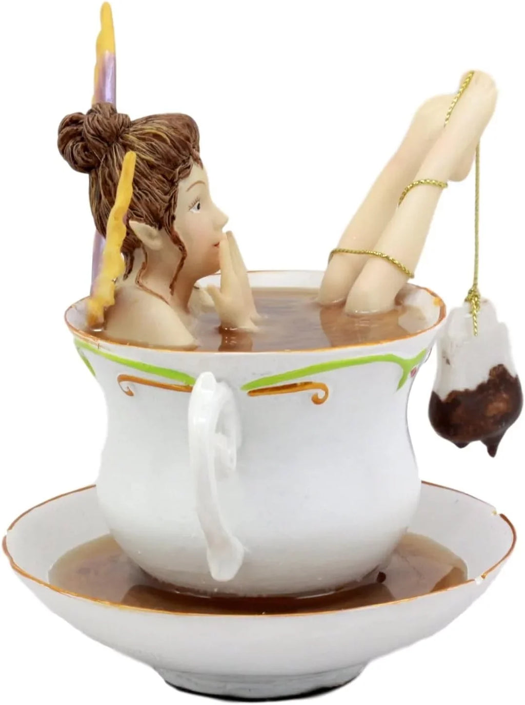 Ebros Magical Encounters Shocked Fairy Bathing In Tea Cup With Cracked Saucer Design Figurine 5" H Fantasy Collectible Tea Time Fairy With Tea Bag