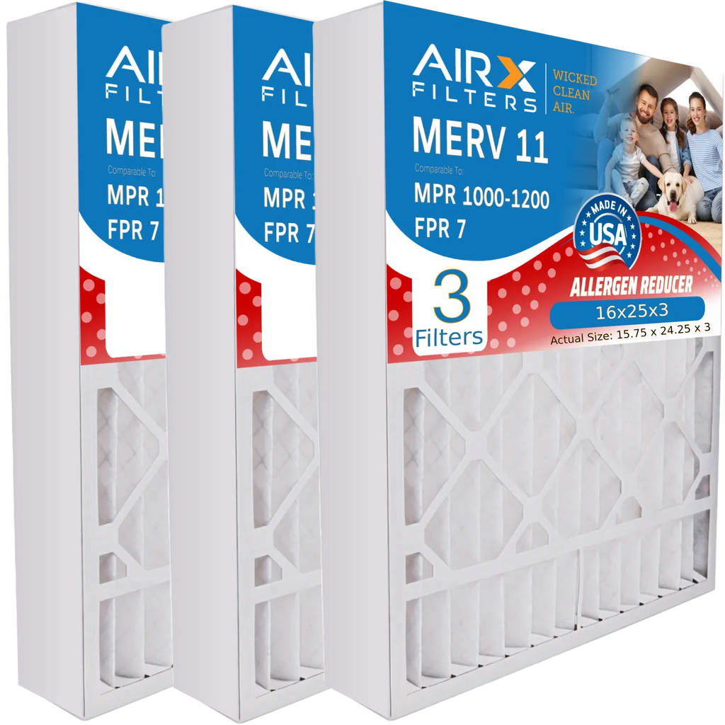16x25x3 Air Filter MERV 11 Comparable to MPR 1000, MPR 1200 & FPR 7 Compatible with Lennox X0581 Air Filter 3 Pack16x25x3 by AIRX FILTERS WICKED CLEAN AIR.