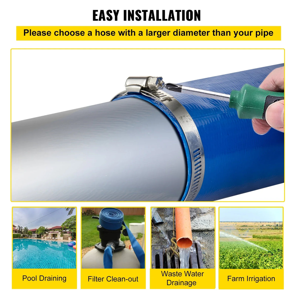 BENTISM Discharge Hose, 1-1/2" x 105', Plastic Fabric Lay Flat Hose, Heavy Duty Backwash Drain Hose with Clamps, Weather-proof & Burst-proof, Ideal for Swimming Pool & Water Transfer
