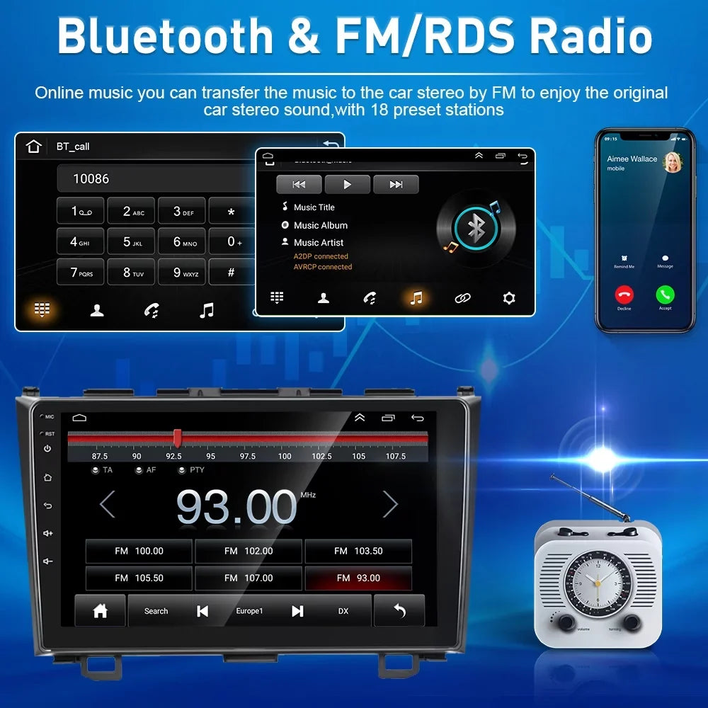 For Honda CRV 2007-2011 9'' Touchscreen Car Stereo Radio Player Wireless Carplay Android Auto Mirror Link HD 1080P Android 12 Bluetooth WIFI GPS FM USB Hifi, AHD Backup Camera