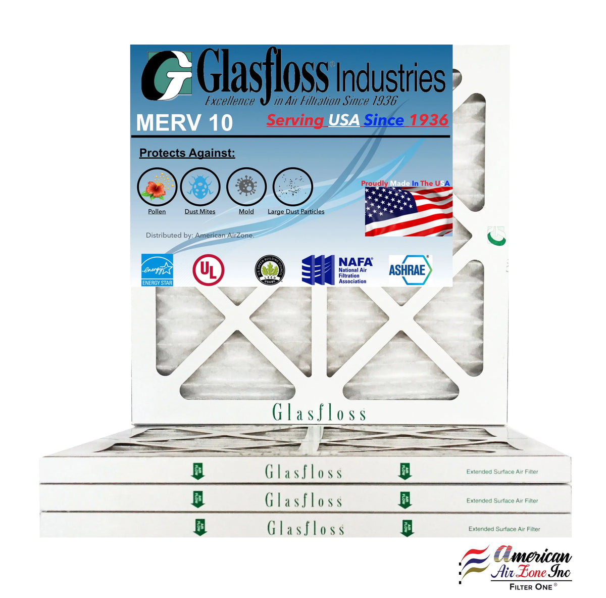 Glasfloss 15x15x1 - MERV 10 -Qty:4 - Furnace Air Filter - Made in USA (Actual Size: 14.5 x 14.5x7/8 Unit