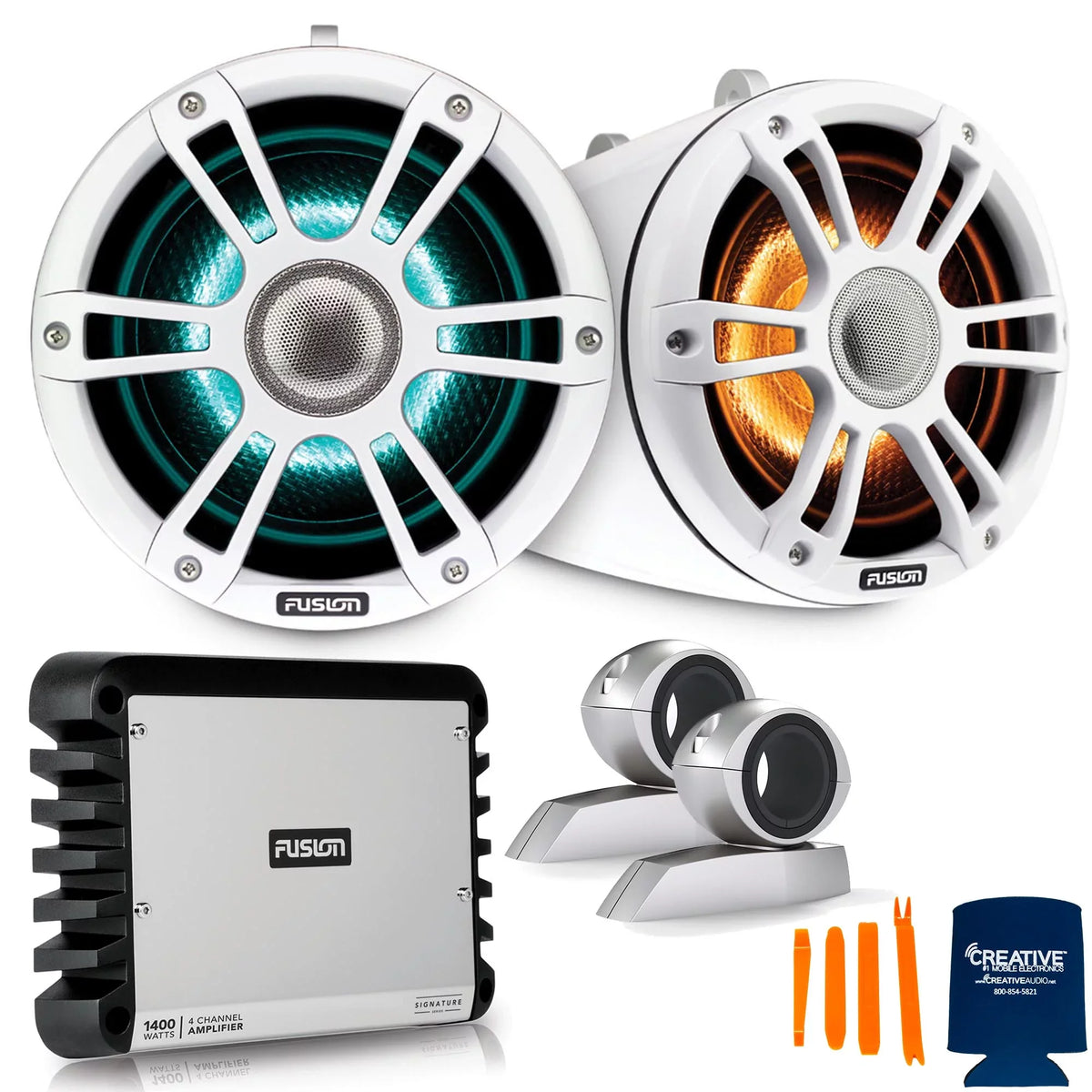 Fusion SG-FLT772SPW 7.7'' Sports White Tower Speaker with Swivel Clamps and SG-DA41400 4-Channel Amplifier