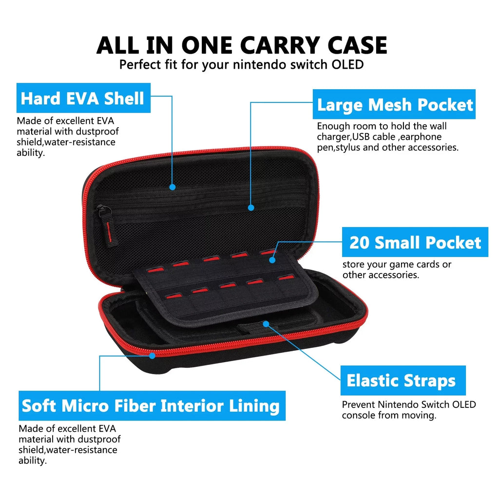 16-in-1 Accessories Kit Fit for Nintendo Switch OLED, EEEkit Accessories Bundle with Carrying Case, Protective Cover Case, Tempered Glass Screen Protector, Thumb Grips, and More, Dark