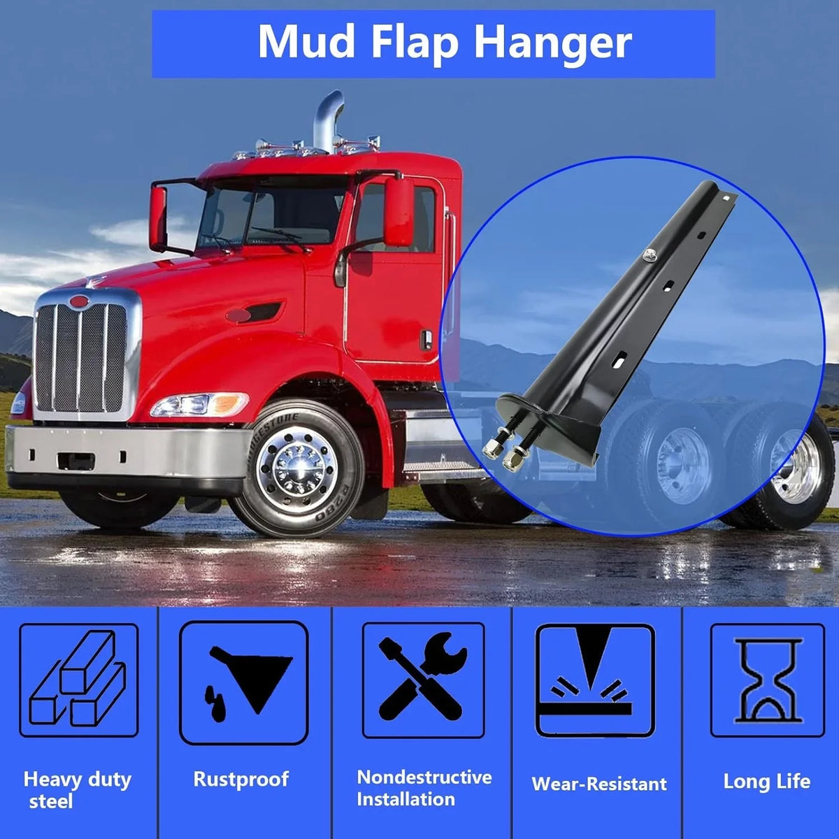 POWERWORKS Dark Straight Spring Loaded Mud Flap Hanger Bracket Mudflap Holder Set 1-1/8" Bolt Spacing 30" Length for Semi Trucks