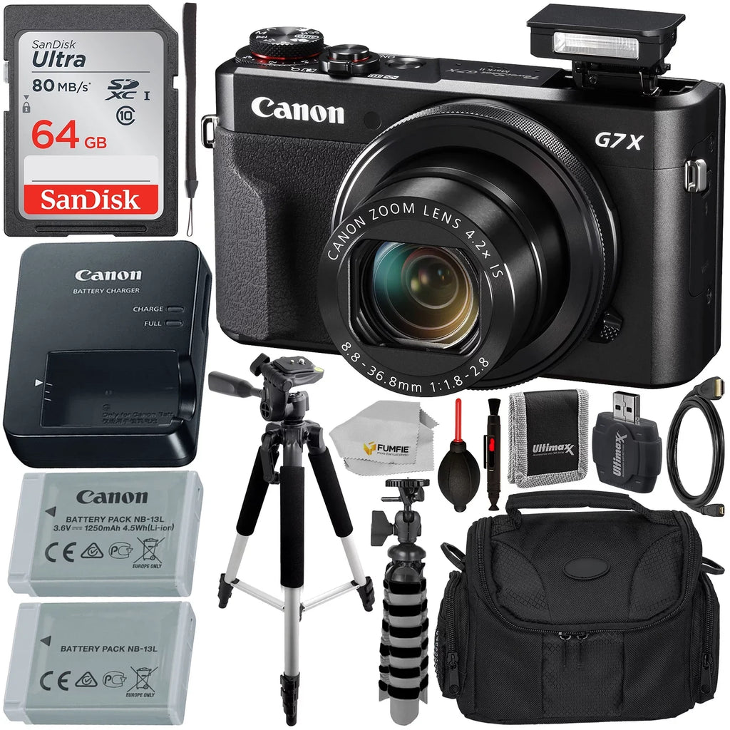 Canon PowerShot G7 X Mark II Digital Camera Midnight with Essential Accessory Bundle - Includes: SanDisk Ultra 64GB SDXC Memory Card, Extended Life Replacement Battery, Tripod, Carrying Case & More