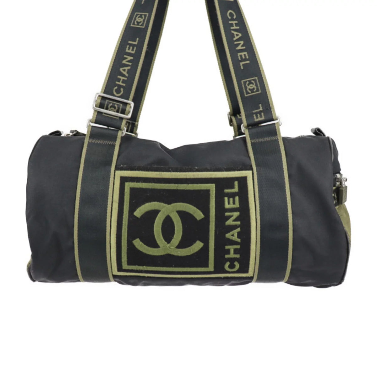 Pre-Owned CHANEL Chanel Sport Line Boston Bag Nylon Canvas Midnight Khaki Green Shoulder Travel Cocomark 10 Series Round Cylindrical (Fair)