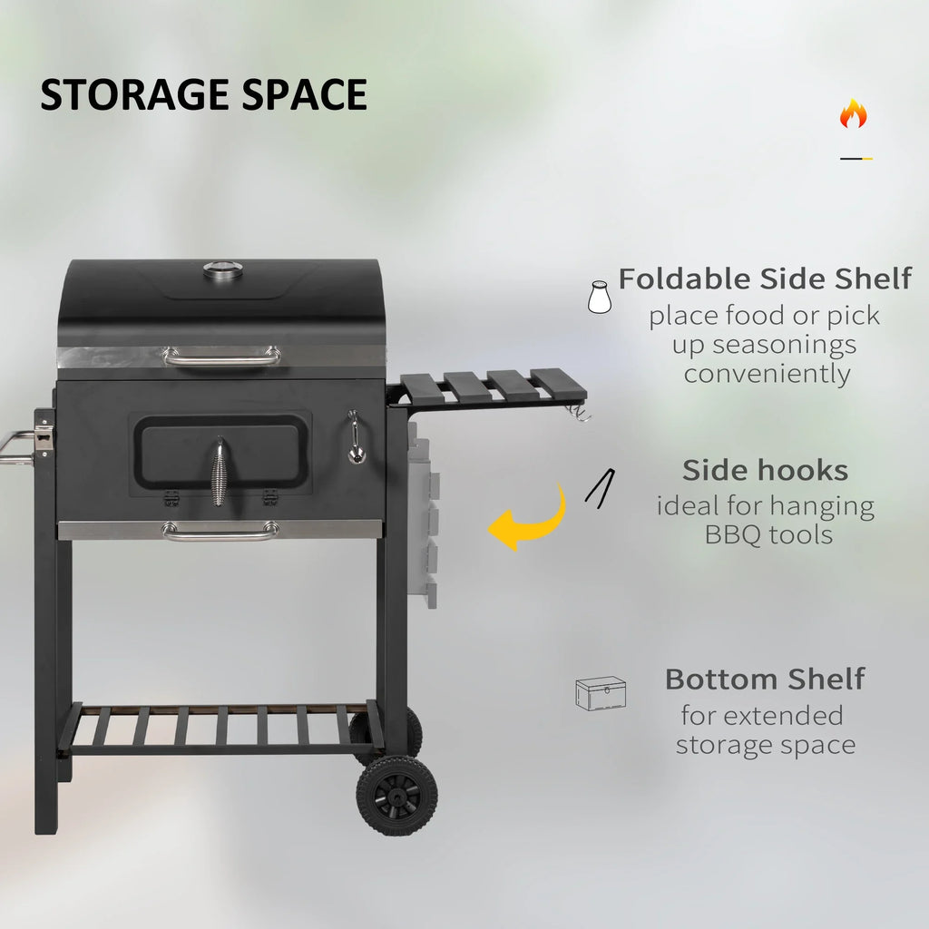 Homiyad Charcoal BBQ Grill, Outdoor Portable Cooker for Camping Or Backyard Picnic with Side Table, Bottom Storage Shelf, Wheels and Handle, Charcoal