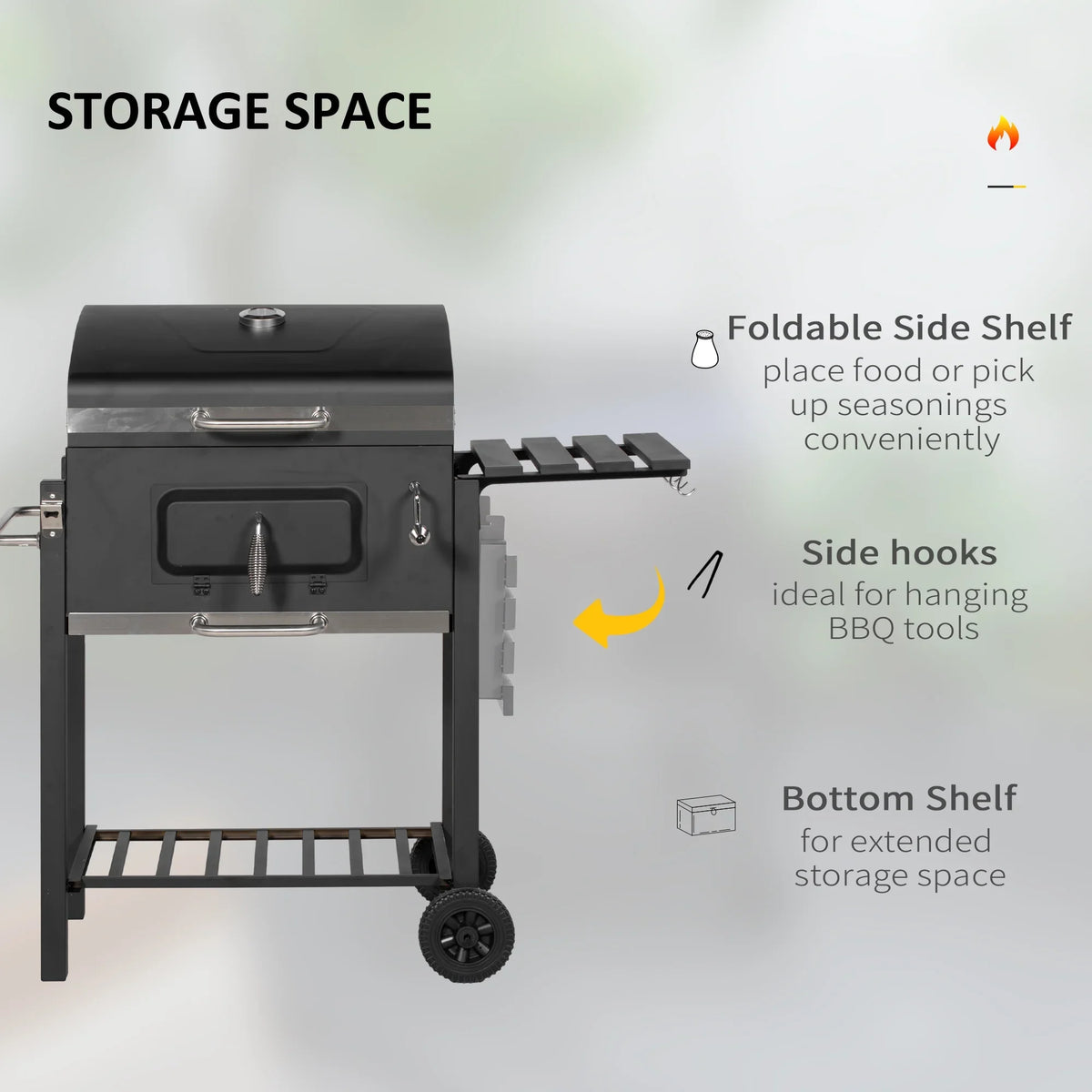 Homiyad Charcoal BBQ Grill, Outdoor Portable Cooker for Camping Or Backyard Picnic with Side Table, Bottom Storage Shelf, Wheels and Handle, Charcoal