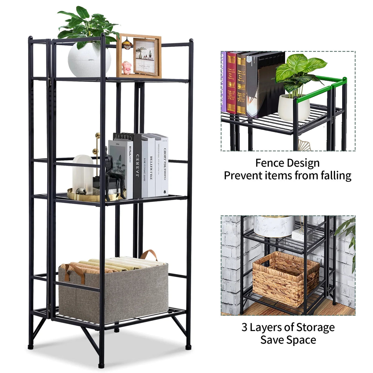 SYTHERS 3 Tier Wide Folding Metal Shelf, Metal Storage Rack, 13 x 11 x 33" Wire Shelving Unit, Heavy Duty Kitchen Organizer Shelf, Charcoal
