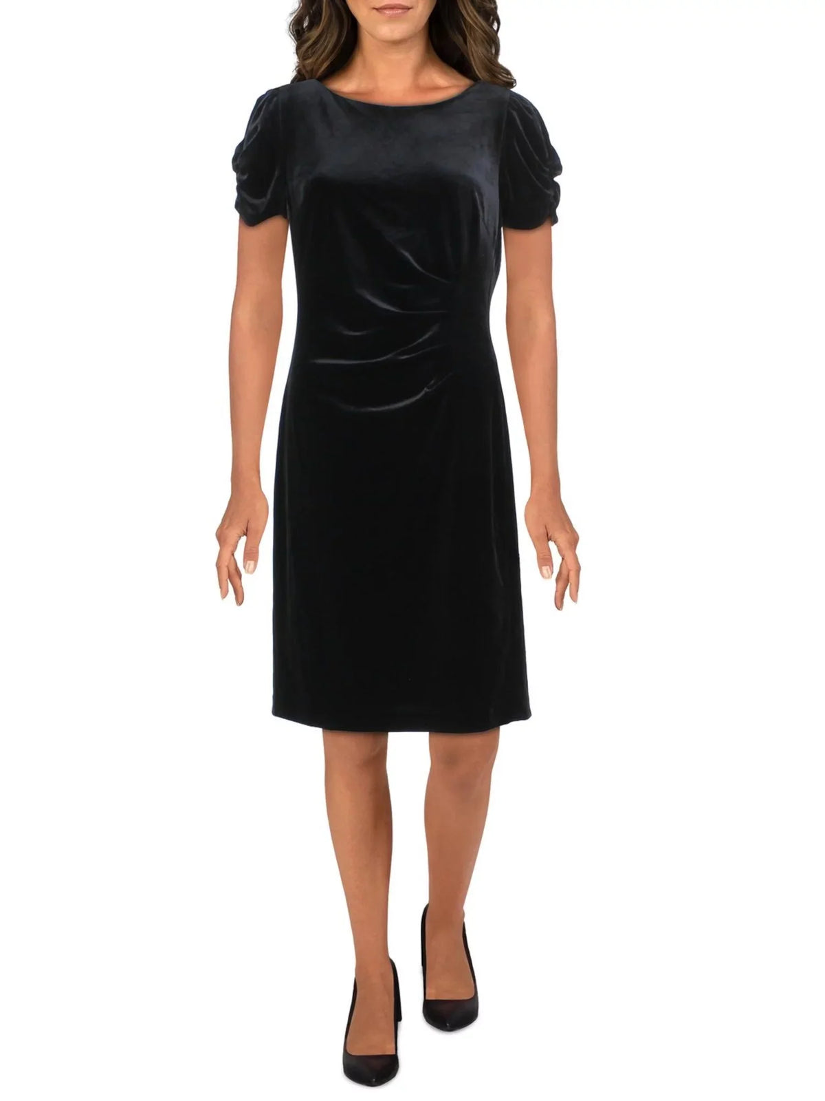 KARL LAGERFELD Womens Onyx Zippered Ruched Pouf Sleeve Round Neck Above The Knee Party Fit + Flare Dress 8