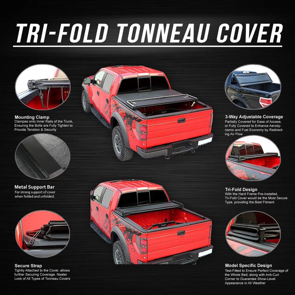 DNA Motoring TTC-TRISOFT-056 For 2007 to 2021 toyota Tundra 5.5' Bed Fleetside Adjustable Tri -Fold Soft Top Trunk Tonneau Cover 20 19 18 17 16 15 14 13 12 11 10 09 08