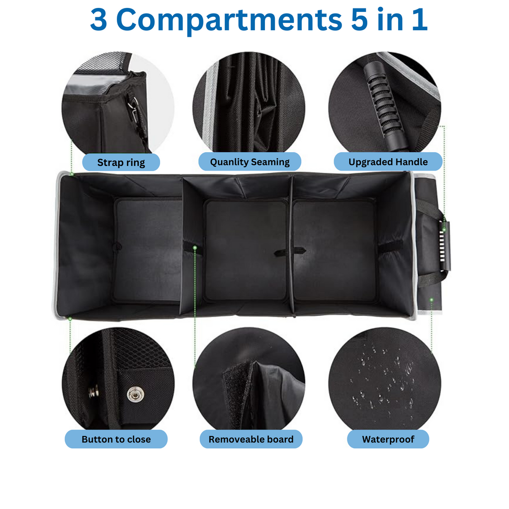Glamor D Collapsible Trunk Organizer with Insulated Leak-proof Cooler Bag - 5-in-1 Car & SUV Cargo Storage Solution with Foldable Lid, Removable Dividers, and 2 Tie-Down Straps - Charcoal