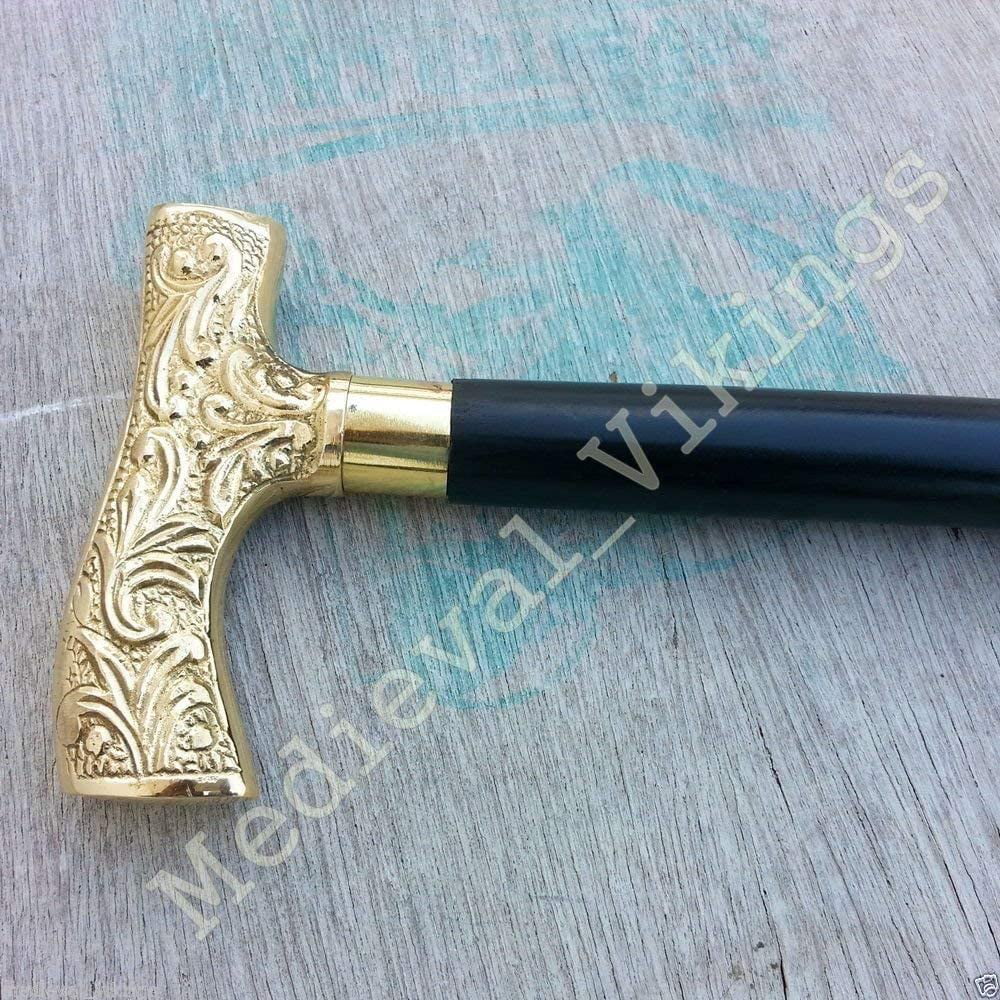 36" Dark Walking Stick With Brass Polished Decorative Handle