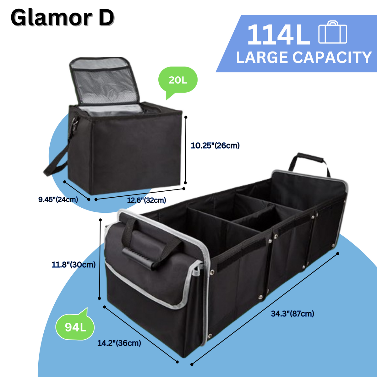 Glamor D Collapsible Trunk Organizer with Insulated Leak-proof Cooler Bag - 5-in-1 Car & SUV Cargo Storage Solution with Foldable Lid, Removable Dividers, and 2 Tie-Down Straps - Charcoal