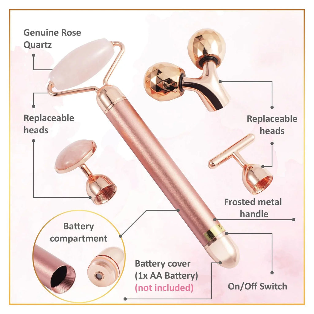 4 in 1 Electric Vibrating Facial Roller & Face Massager Kit, Rose Quartz Jade Rollers for Under Eye & V Lifting Skin Care Beauty Bar