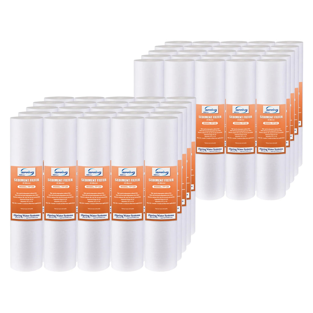 iSpring FP120X50 20 Micron, 50 Pack 10" x 2.5" Universal Multi-Layer Sediment Water Filter Replacement Cartridges, 50 Count (Pack of 1), White