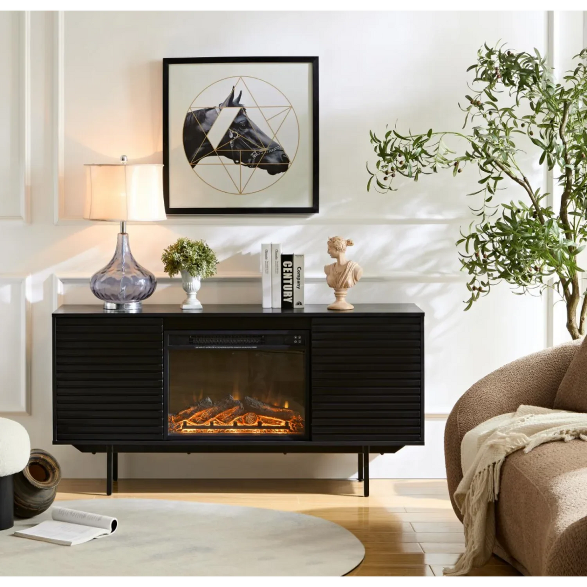 DeeHome W9986B The whole cabinet is made of Onyx oak board, the middle layer board on both sides of the cabinet can be adjusted, the furnace is embedded in the middle grid with the remote control