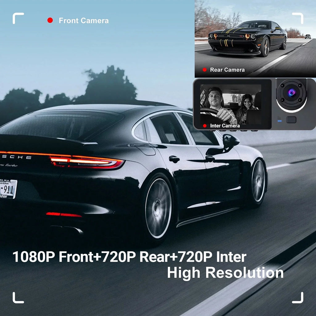 Hanru 1080P 3 Channel Front Rear Inside Dash Cam, Dash Camera, DVR Backup Cam for Cars, Three Way Triple Car Driving Recorder, 170°, Night Vision, Loop Recording, G-Sensor, Parking Monitor, WDR