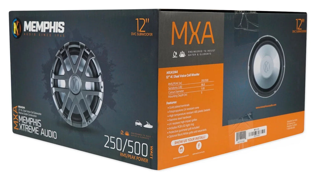 Memphis Audio MXA1244 12" 500 Watt LED Dual 4-Ohm Marine Subwoofer Boat Sub