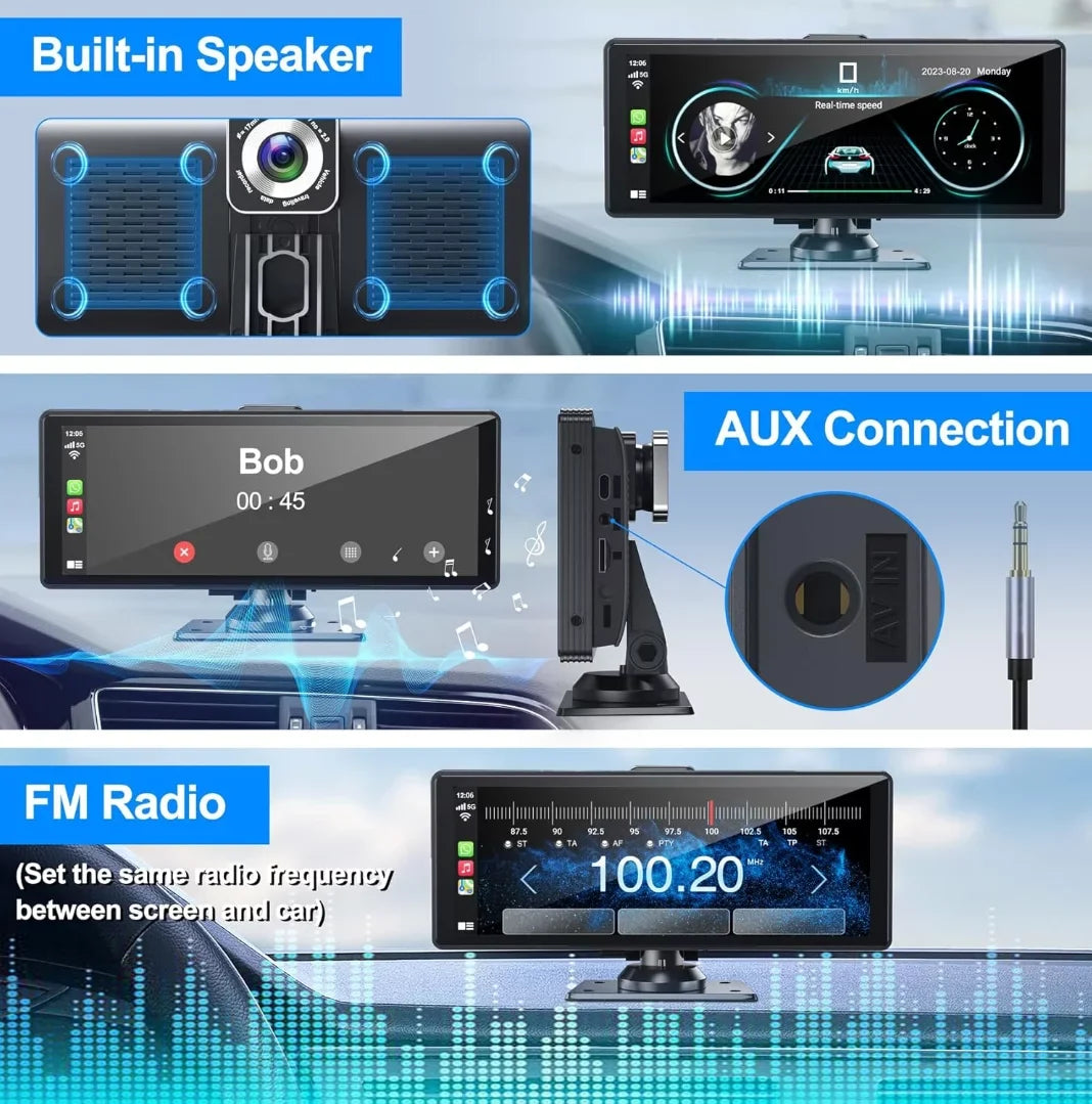 Portable Wireless Carplay& Android Auto Car Screen,10.26 Unit IPS Touchscreen with 4K Dashcam and HD Back-up Camera Support Bluetooth/Siri/Google/GPS/Mirror-Link