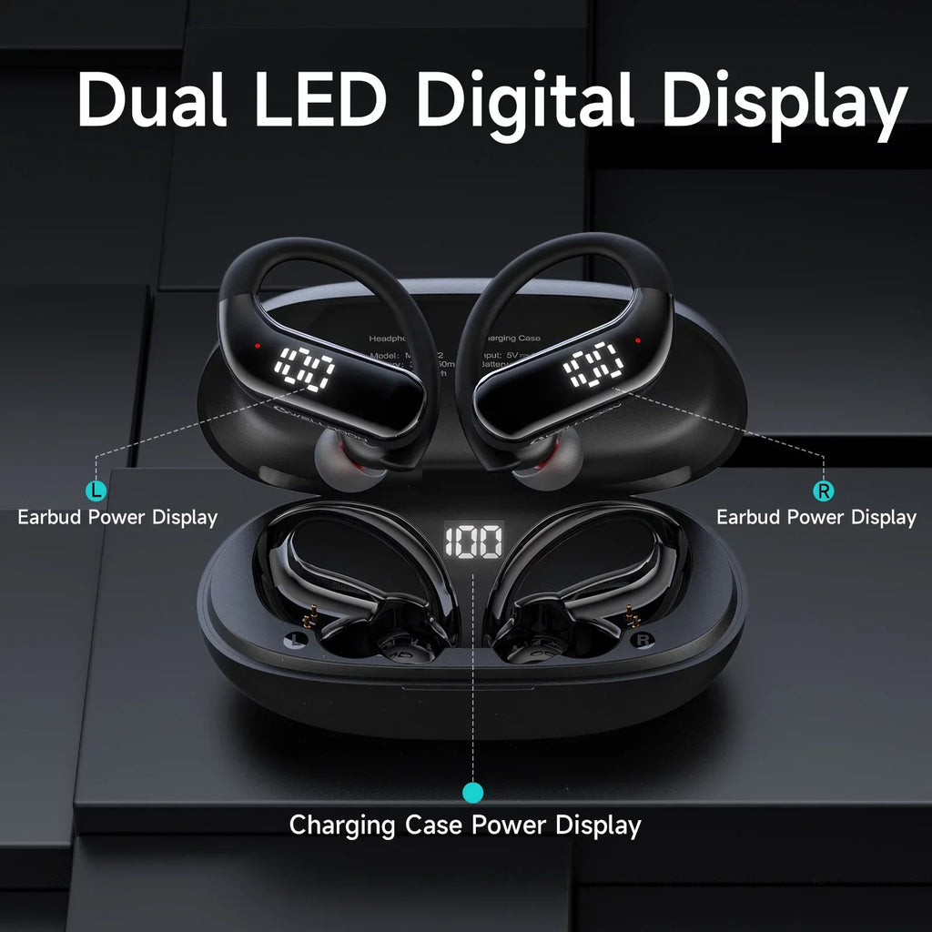 Bluetooth 5.3 Headphones Wireless Earbuds 100hrs Playtime Wireless Charging Case Digital Display Sports Ear buds with Earhook Premium Deep Bass Waterproof Over-Ear Earphones for TV Phone Laptop Dark