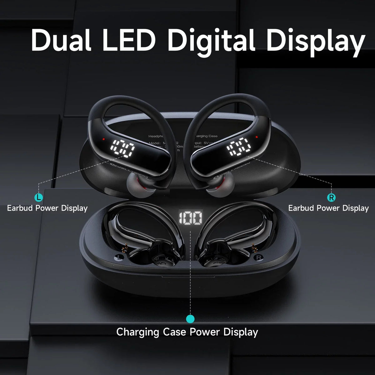 Bluetooth 5.3 Headphones Wireless Earbuds 100hrs Playtime Wireless Charging Case Digital Display Sports Ear buds with Earhook Premium Deep Bass Waterproof Over-Ear Earphones for TV Phone Laptop Dark