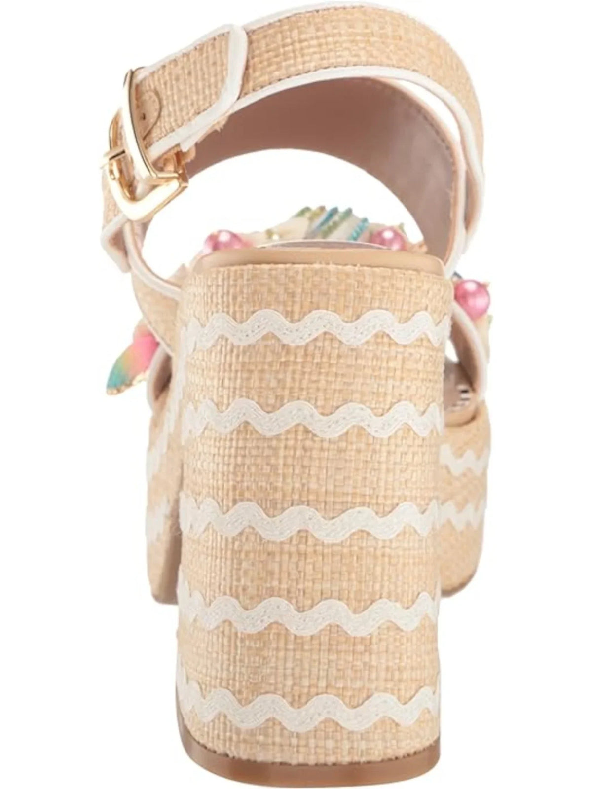 BETSEY JOHNSON Womens Beige Mixed Media 2" Platform Embellished Woven Shellie Round Toe Block Heel Buckle Slingback Sandal 10 M