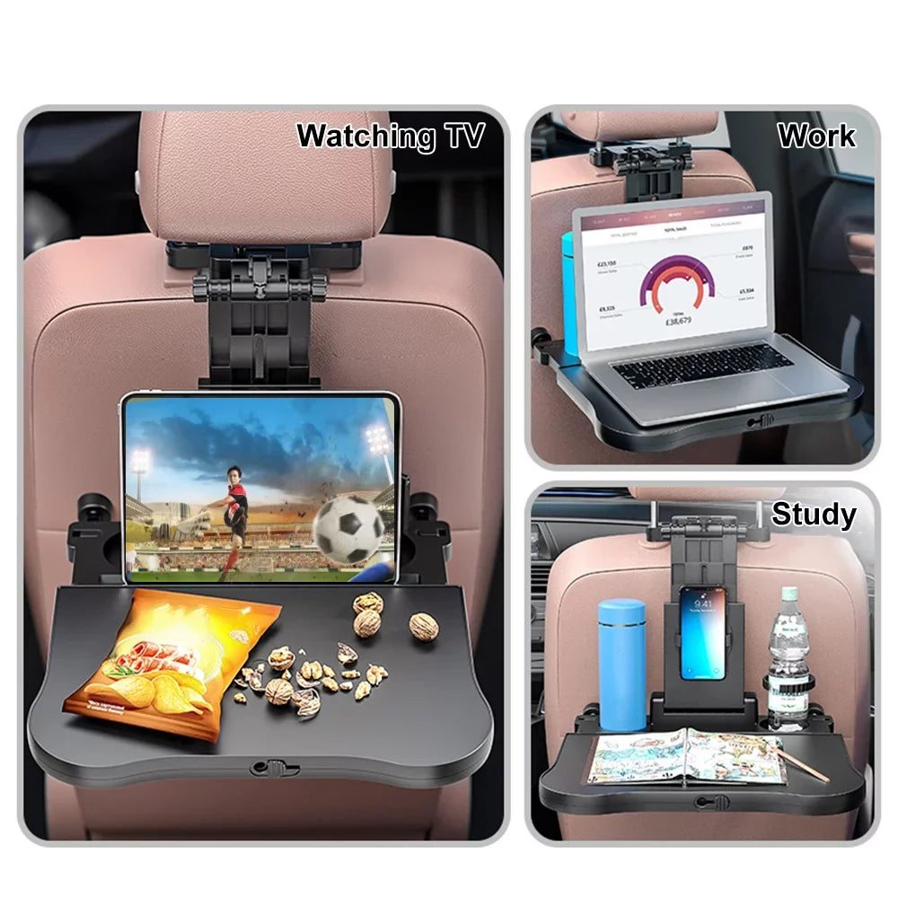 Dcenta Adjustable Car Seat Travel Table Multifunctional Foldable Car Back Seat Food Tray, Car Table with Phone Holder for Working, Writing, Eating Onyx