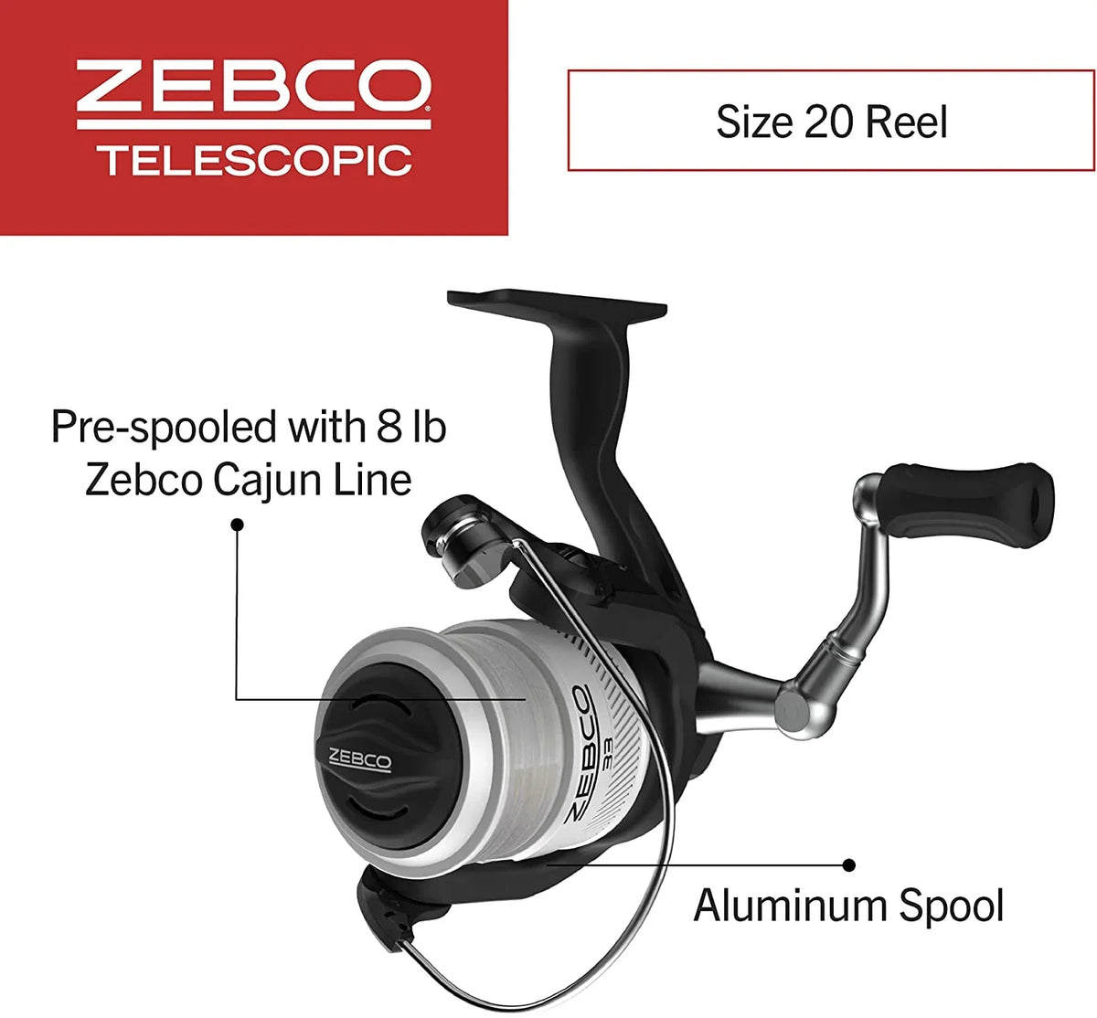 Zebco 33 Spinning Reel and Telescopic Fishing Rod Combo, 6-Foot Rod, Size 30 Reel, Dark