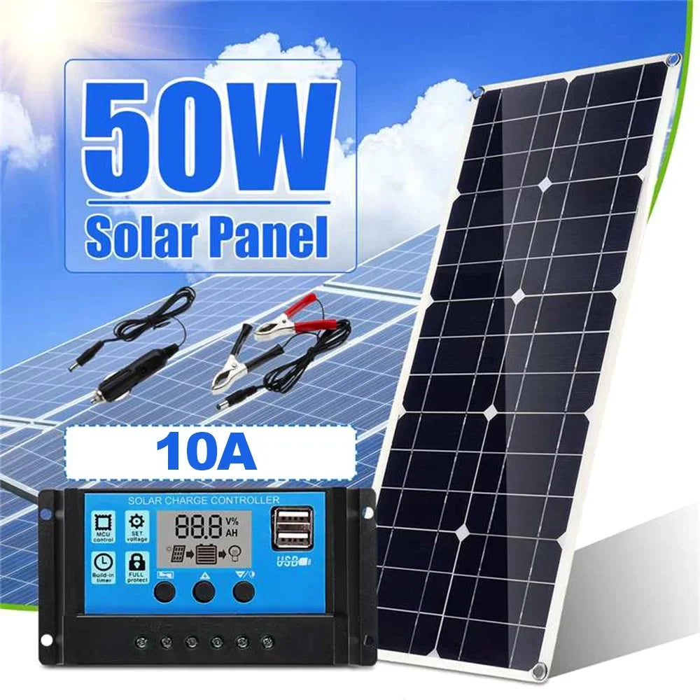 50W 5V/18V Solar Panel Dual USB Output Monocrystalline Solar Panel IP65 Water-resistant with 10A Solar Charge Controller Regulator for Car Yacht Batterys Boat Charger
