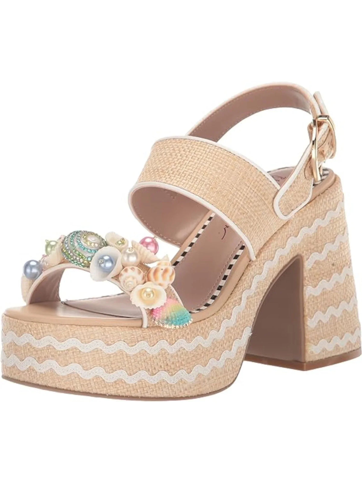 BETSEY JOHNSON Womens Beige Mixed Media 2" Platform Embellished Woven Shellie Round Toe Block Heel Buckle Slingback Sandal 10 M