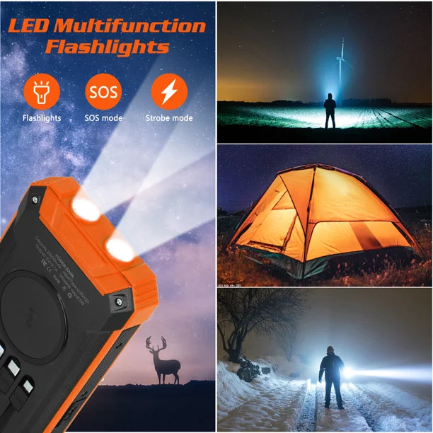 Solar Power Bank 20000mAh Built-in 4 Cables Qi Wireless Charger For BLU G50 Mega with LED Flashlight Solar Portable External Battery IPX4 Waterproof 15W 5V/3A USB C Port 6 Outputs 3 Inputs
