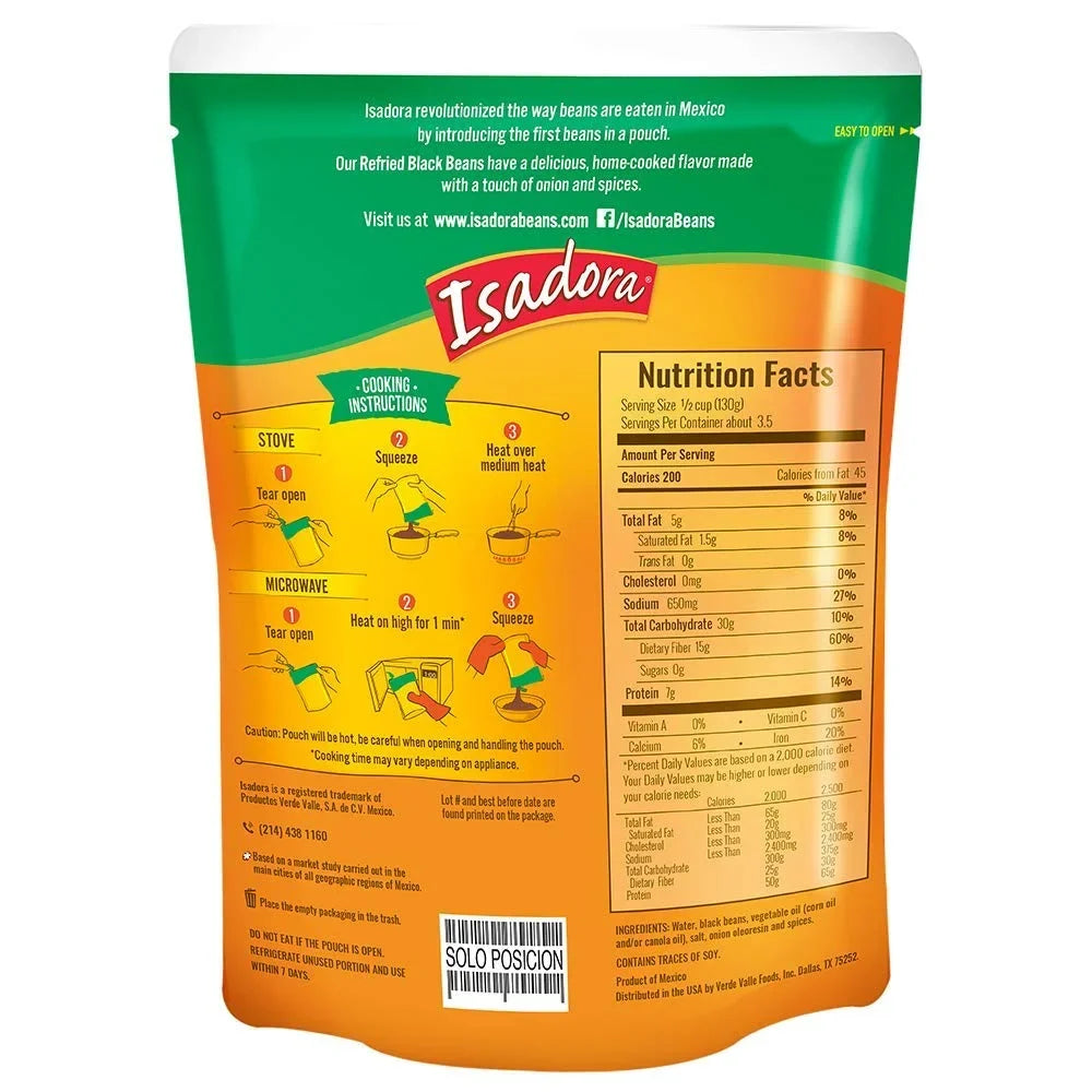 Isadora Refried Beans 15.2oz Pouch Onyx Beans, 6 Pack)