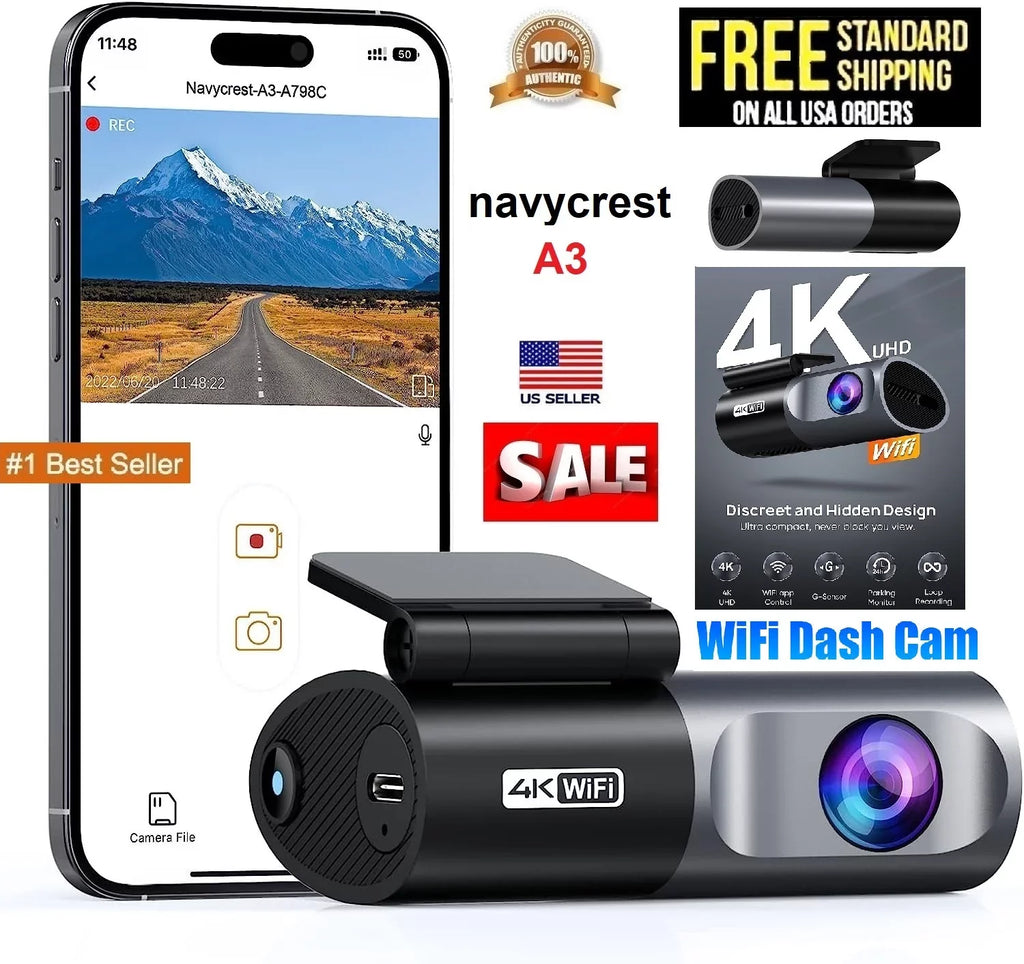 navycrest A3 4K WiFi 2160P Dash Camera for Cars, Cam Front Recorder with App, 24 Hours Parking Mode, G-Sensor, Night Vision, Loop Recording, Support 256GB Max