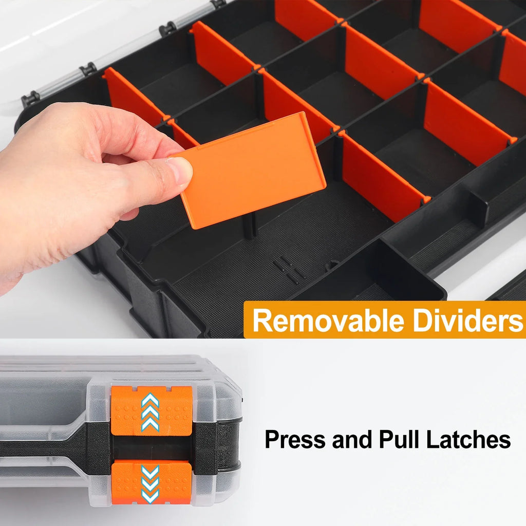 Uxcell 2pcs Double Side Tool Organizer 12.6"x10.6"x3.1" 30-Compartment Hardware Storage Box with Removable Dividers