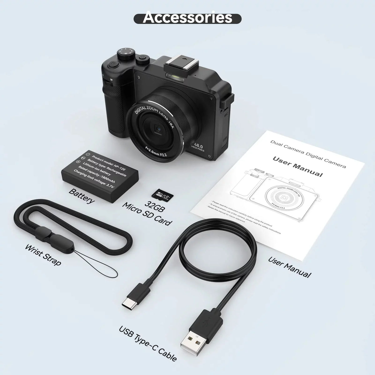 OIEXI 48MP Digital Camera for Photography,4K Video Camera with Front and Rear Dual Cameras,18X Digital Centimeter Screen,32GB Micro Card,Rechargeable Battery,Camera for Dark