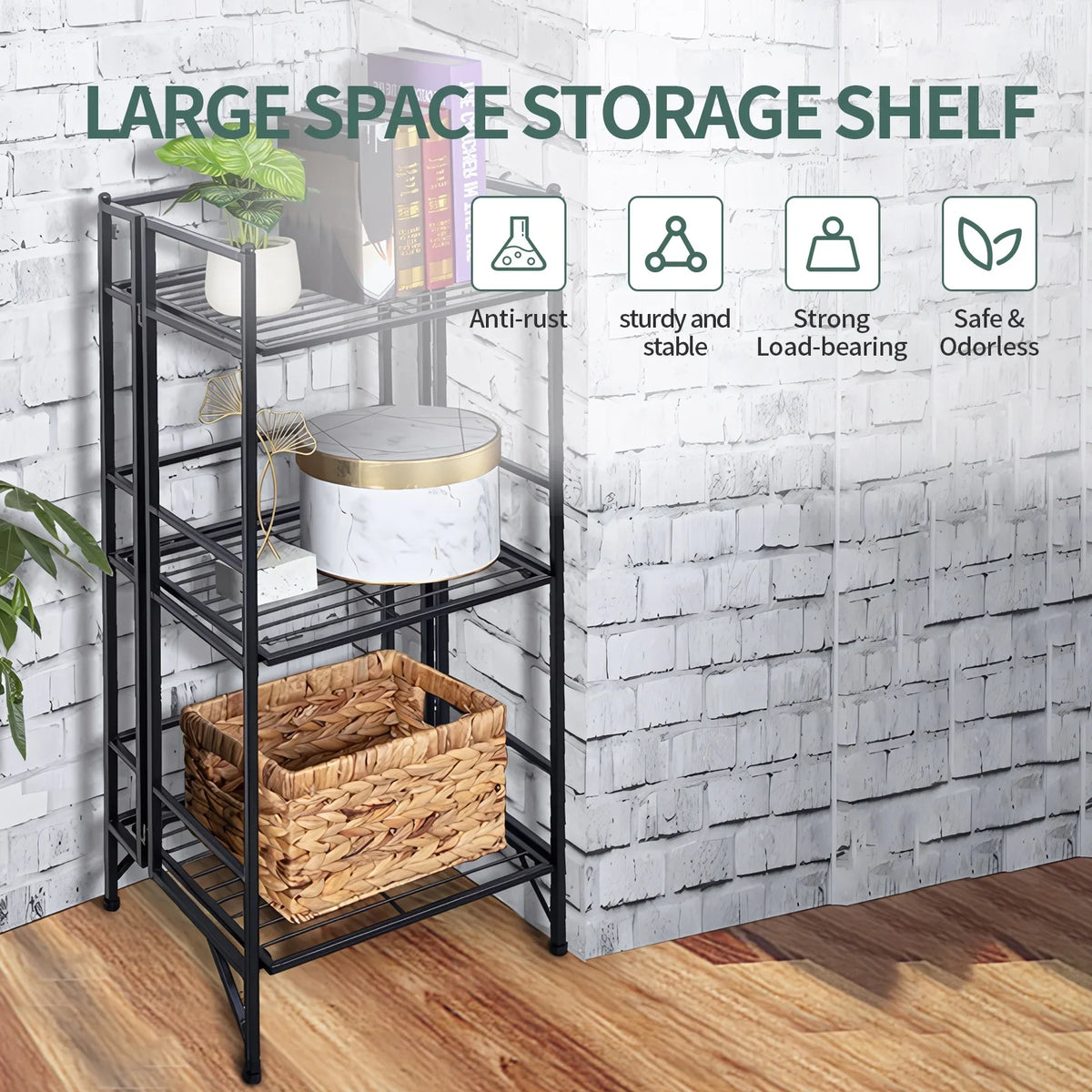 SYTHERS 3 Tier Wide Folding Metal Shelf, Metal Storage Rack, 13 x 11 x 33" Wire Shelving Unit, Heavy Duty Kitchen Organizer Shelf, Charcoal