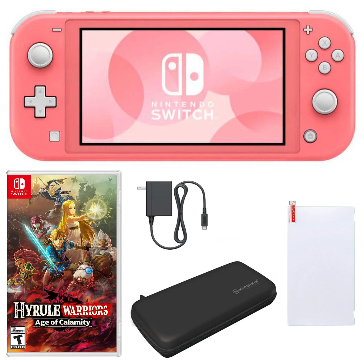 Nintendo Switch Lite in Coral with Hyrule Warriors: Age of Calamity and Accessories