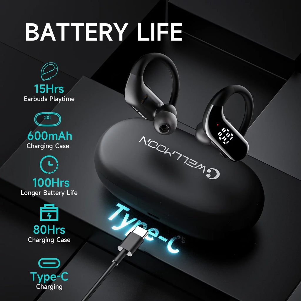 Bluetooth 5.3 Headphones Wireless Earbuds 100hrs Playtime Wireless Charging Case Digital Display Sports Ear buds with Earhook Premium Deep Bass Waterproof Over-Ear Earphones for TV Phone Laptop Dark