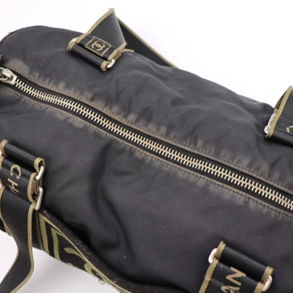 Pre-Owned CHANEL Chanel Sport Line Boston Bag Nylon Canvas Midnight Khaki Green Shoulder Travel Cocomark 10 Series Round Cylindrical (Fair)