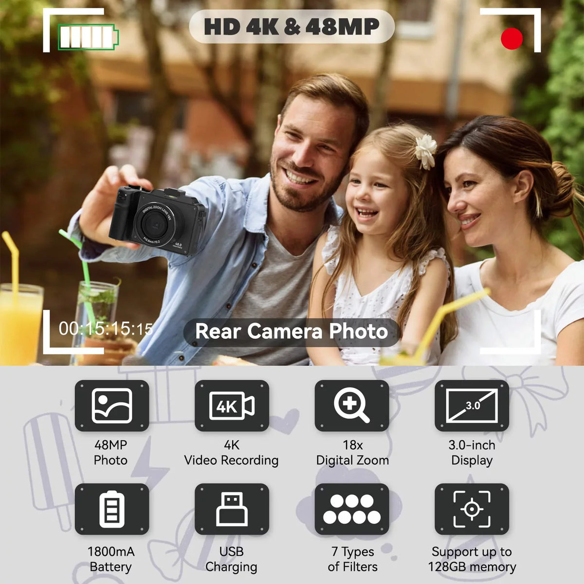 OIEXI 48MP Digital Camera for Photography,4K Video Camera with Front and Rear Dual Cameras,18X Digital Centimeter Screen,32GB Micro Card,Rechargeable Battery,Camera for Dark