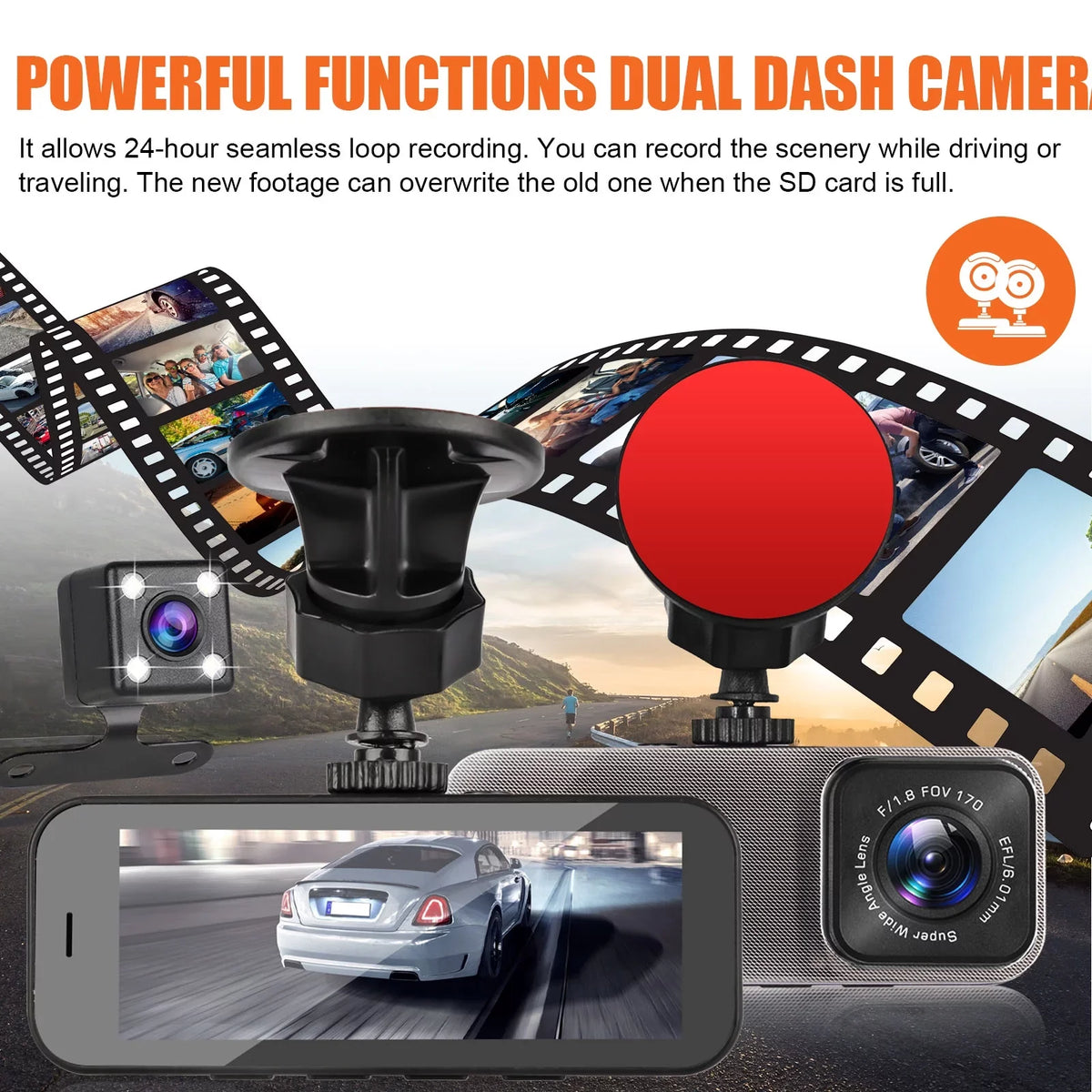 TSV Dual Dash Cam, 1080P Front and Rear Dual Dash Camera for Cars, Inch Display, 170° Wide Angle Dashboard Camera Recorder with Parking Monitoring, Motion Detection, G-Sensor, WDR, Dark