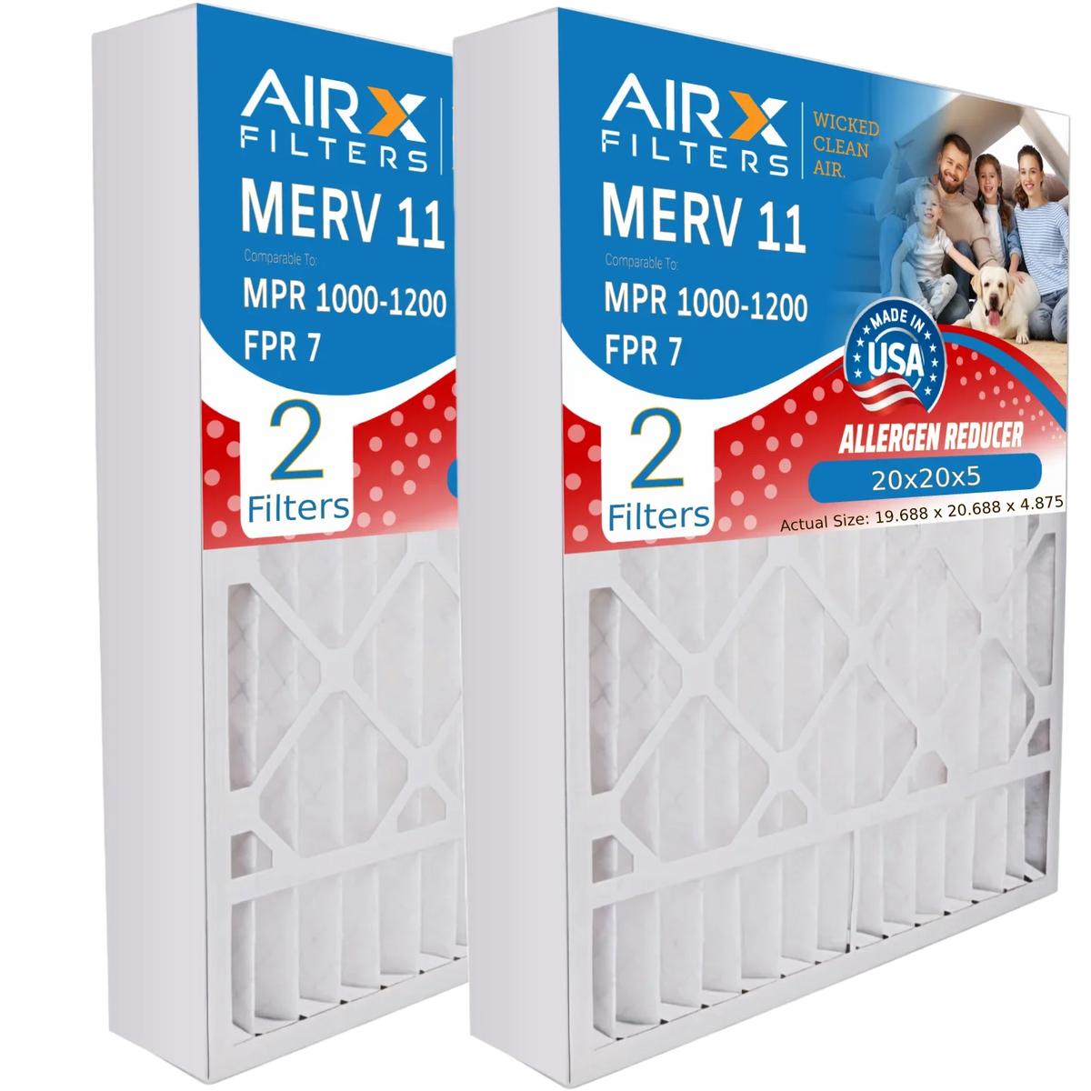 20x20x5 Air Filter MERV 11 Comparable to MPR 1000, MPR 1200 & FPR 7 Compatible with Air Bear 259112-103 Premium USA Made 20x20x5 Furnace Filter 2 Pack by AIRX FILTERS WICKED CLEAN AIR.