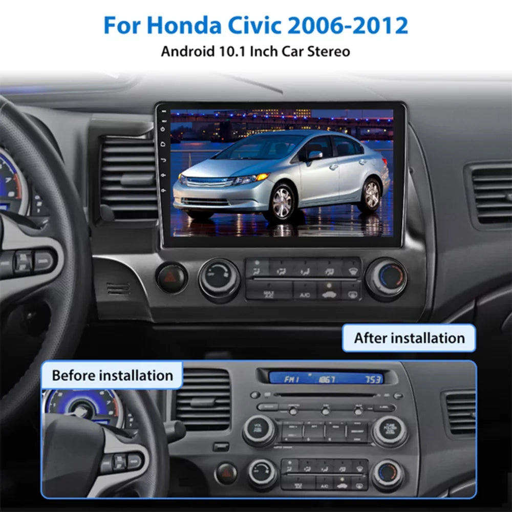 Podofo 2+64G for Honda Civic 2006-2011 Wireless Carplay Android Auto Mirror Link 10'' Touchscreen Car Stereo Radio Android 13 HD 1080P WIFI GPS Hifi FM Bluetooth, AHD Backup Camera