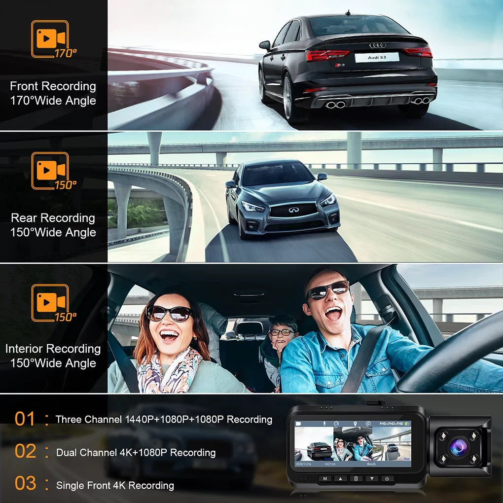 4K Dash Cam Front and Rear TOGUARD 3 Channel Front Inside Rear Dash Camera Car Camera with IR Night Vision, GPS, Loop Recording, G-sensor, Parking Monitor, Motion Detection